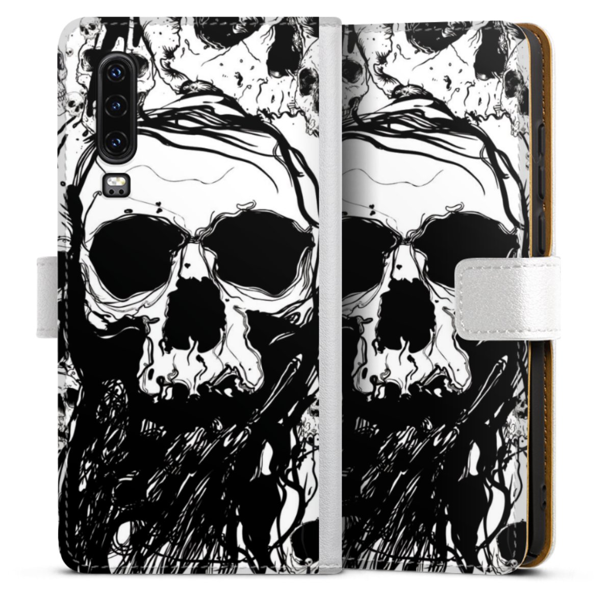 Huawei P30 Handy Klapphülle Handyhülle aus Kunst Leder weiß Flip Case Totenkopf Halloween Sideflip mit Lasche