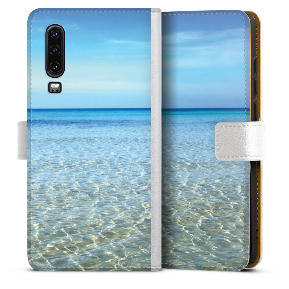 Huawei P30 Handy Klapphülle Handyhülle aus Kunst Leder weiß Flip Case Urlaub Sky Ocean Sideflip mit Lasche