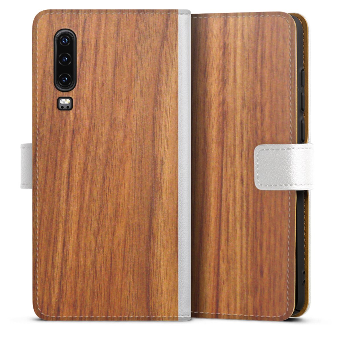 Huawei P30 Handy Klapphülle Handyhülle aus Kunst Leder weiß Flip Case Wood Larch Wooden Look Sideflip mit Lasche