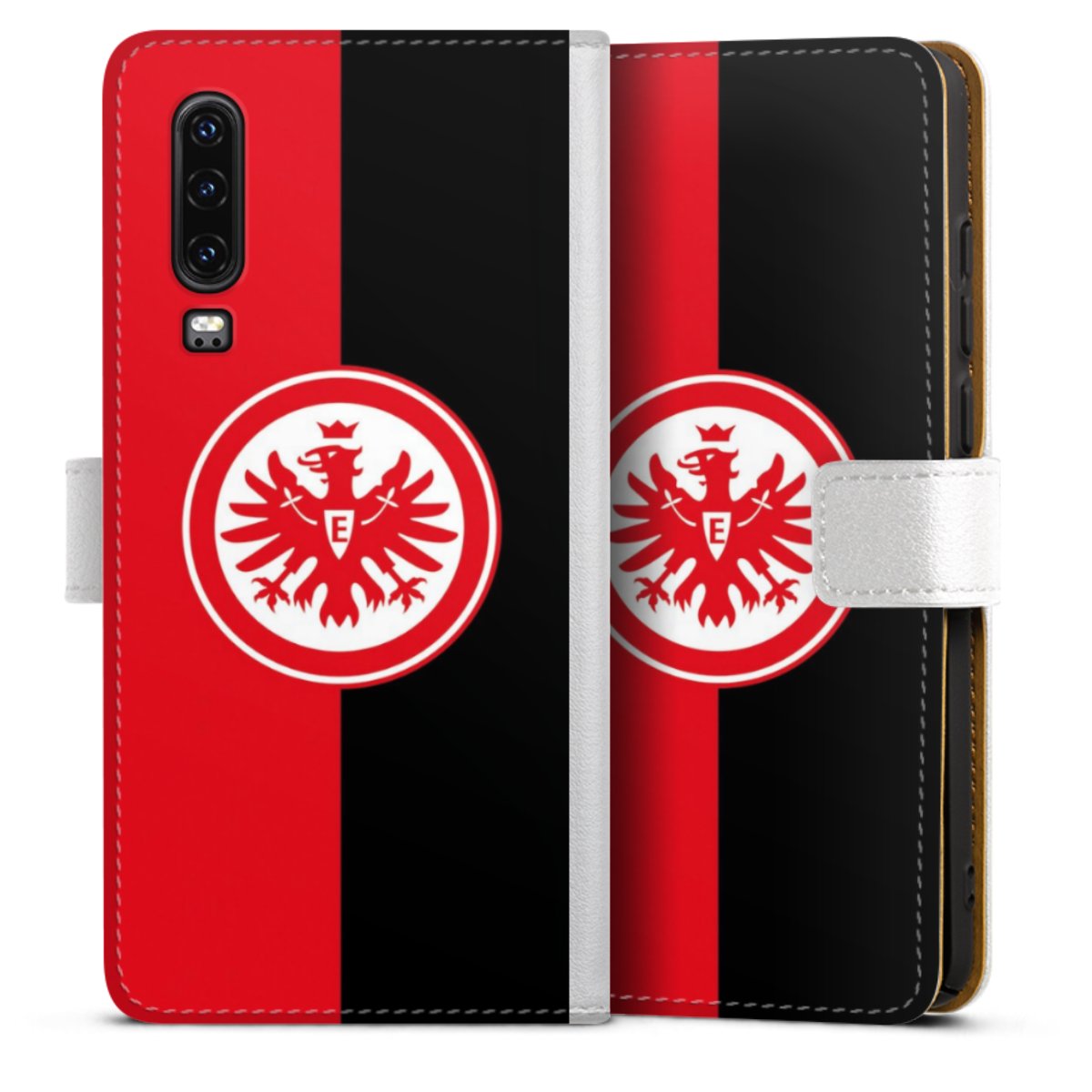 Huawei P30 Handy Klapphülle Handyhülle aus Kunst Leder weiß Flip Case Official Licensed Product Eintracht Frankfurt Sge Sideflip mit Lasche