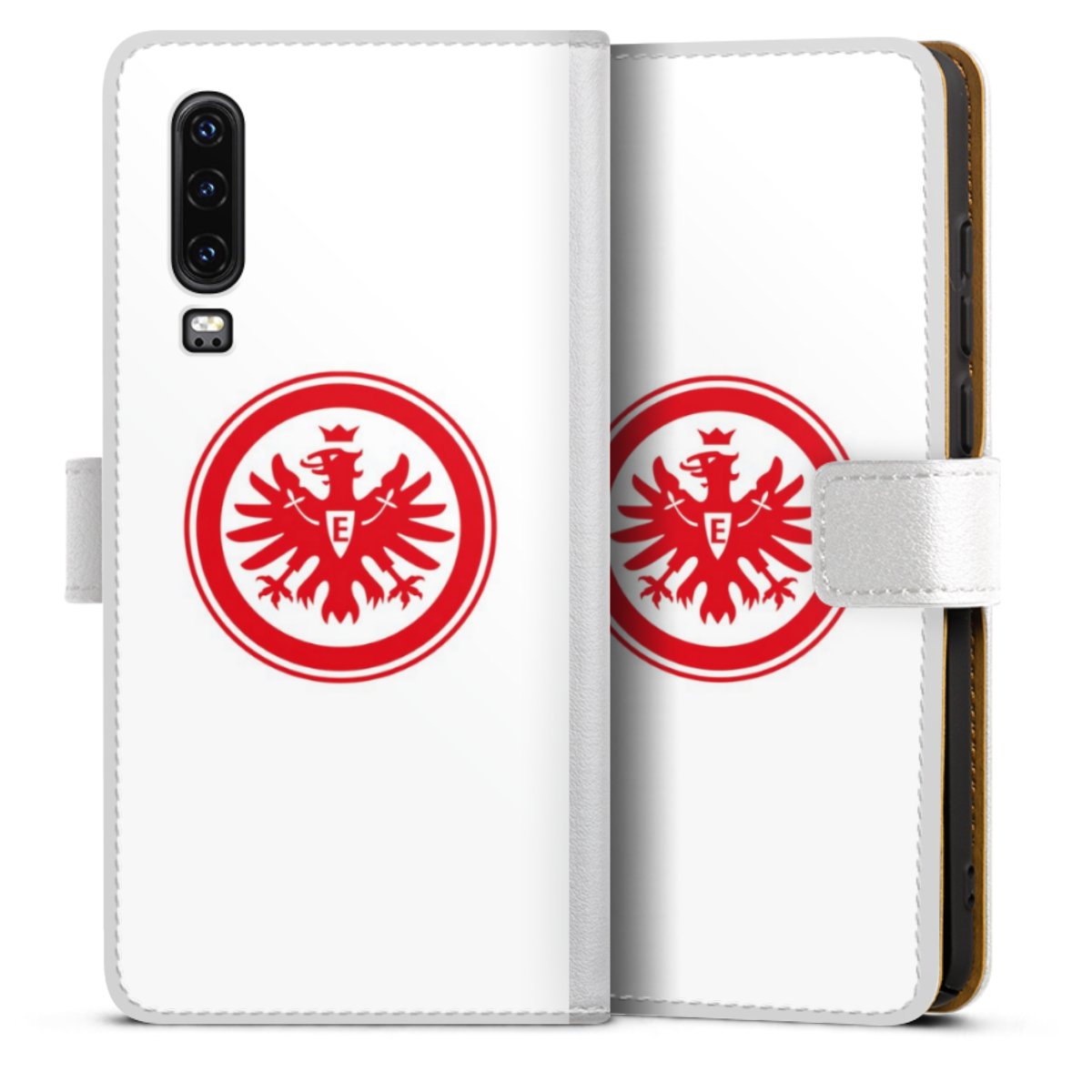 Huawei P30 Handy Klapphülle Handyhülle aus Kunst Leder weiß Flip Case Sge Eintracht Frankfurt Official Licensed Product Sideflip mit Lasche