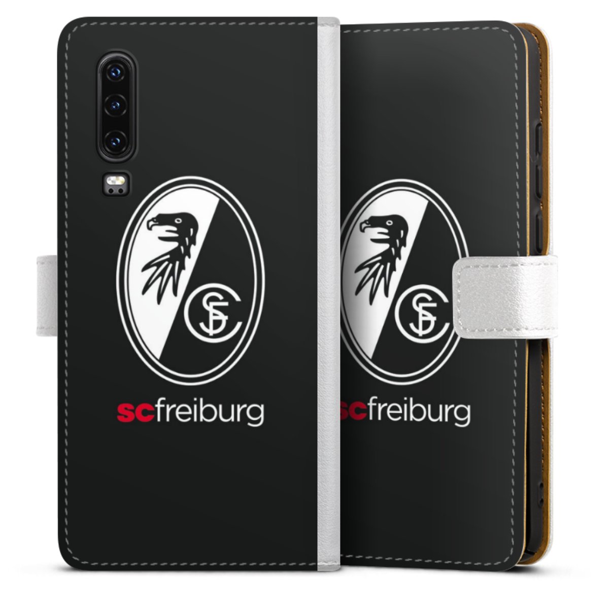 Huawei P30 Handy Klapphülle Handyhülle aus Kunst Leder weiß Flip Case Official Licensed Product Sc Freiburg Coat Of Arms Sideflip mit Lasche