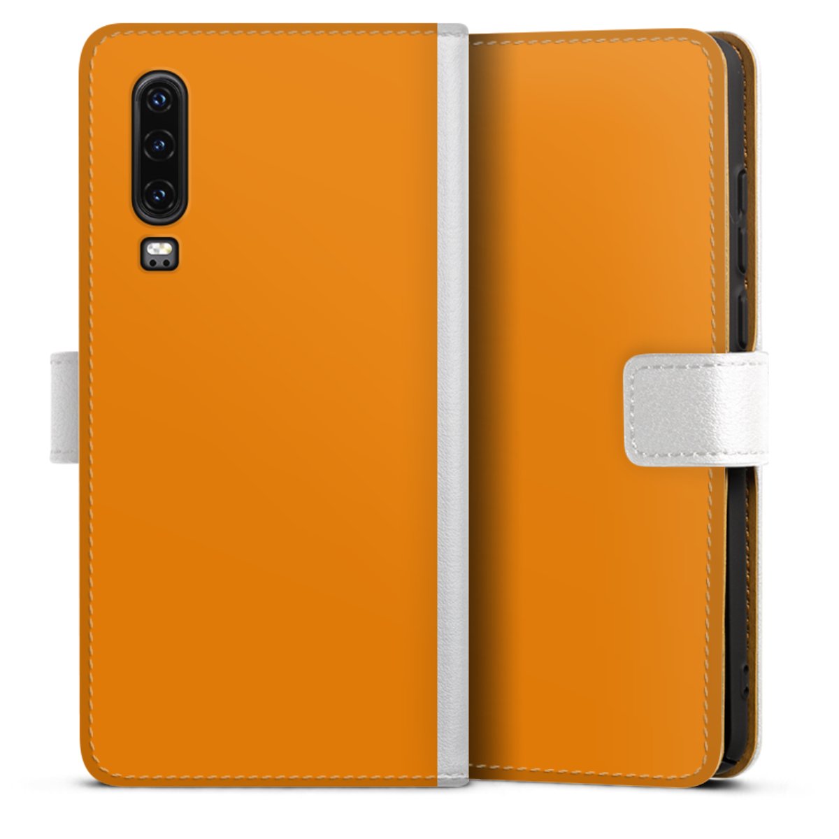 Huawei P30 Handy Klapphülle Handyhülle aus Kunst Leder weiß Flip Case Unicoloured Colour Orange Sideflip mit Lasche