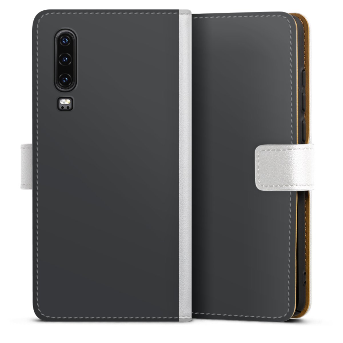 Huawei P30 Handy Klapphülle Handyhülle aus Kunst Leder weiß Flip Case Black Colour Unicoloured Sideflip mit Lasche