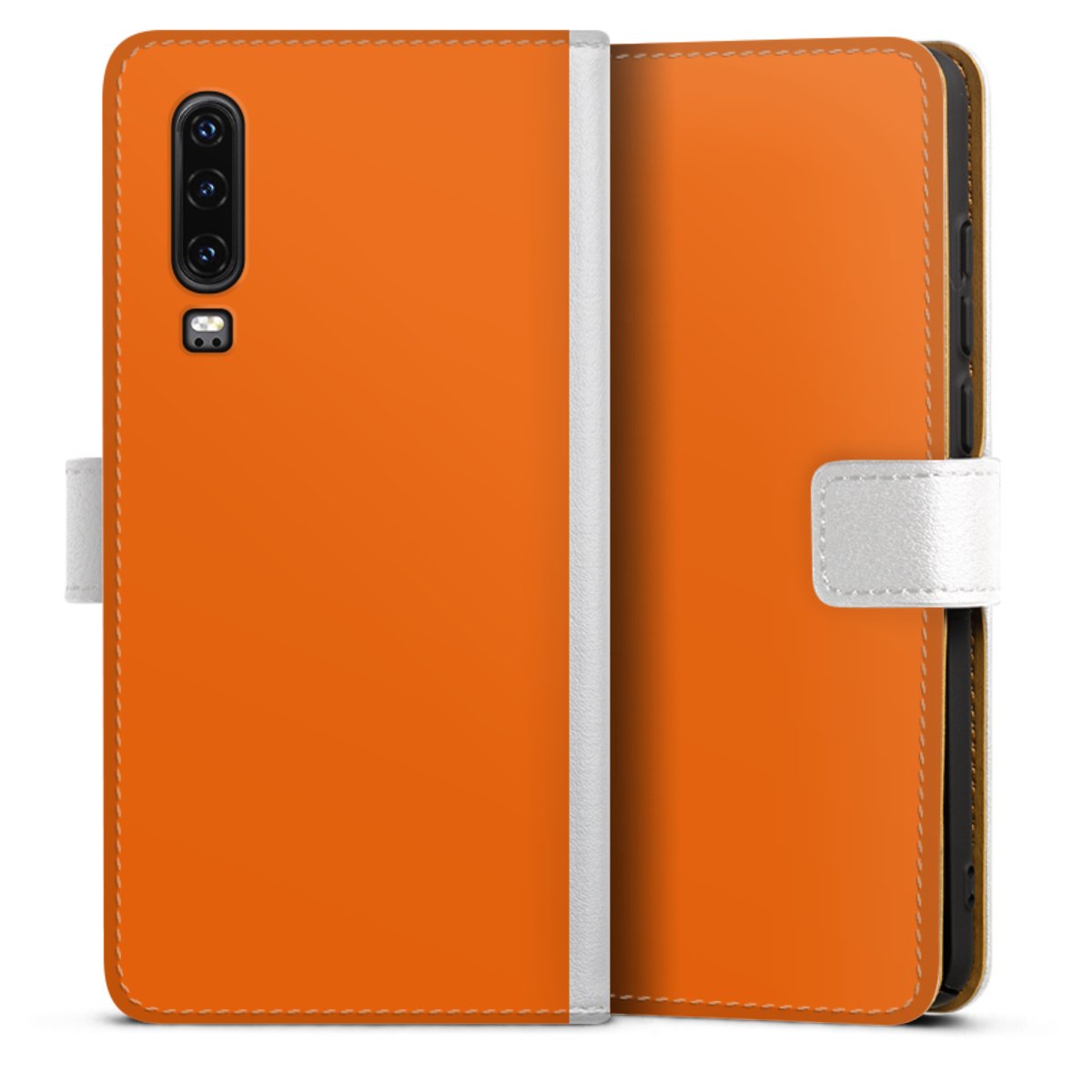 Huawei P30 Handy Klapphülle Handyhülle aus Kunst Leder weiß Flip Case Orange Colour Unicoloured Sideflip mit Lasche