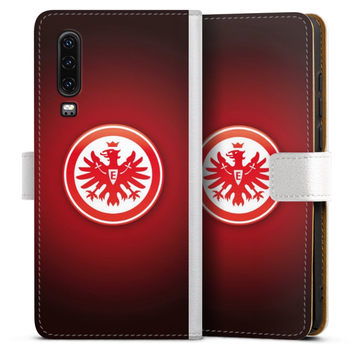 Huawei P30 Handy Klapphülle Handyhülle aus Kunst Leder weiß Flip Case Eintracht Frankfurt Official Licensed Product Coat Of Arms Sideflip mit Lasche