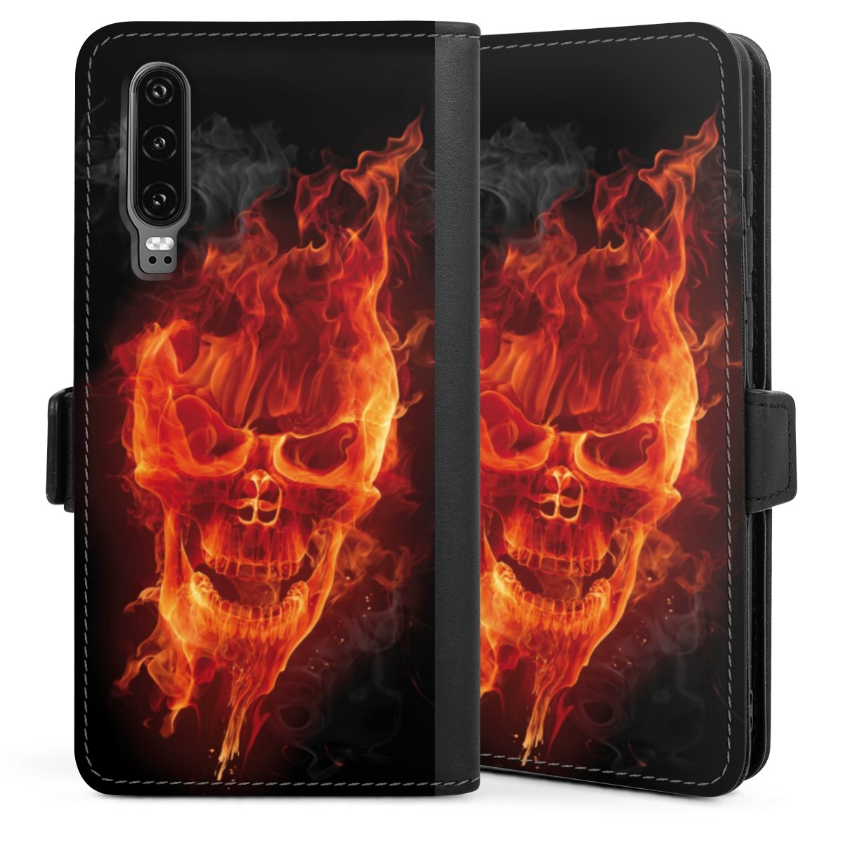 Huawei P30 Handy Klapphülle Handyhülle aus Kunst Leder schwarz Flip Case Skull Totenkopf Fire Sideflip mit Lasche