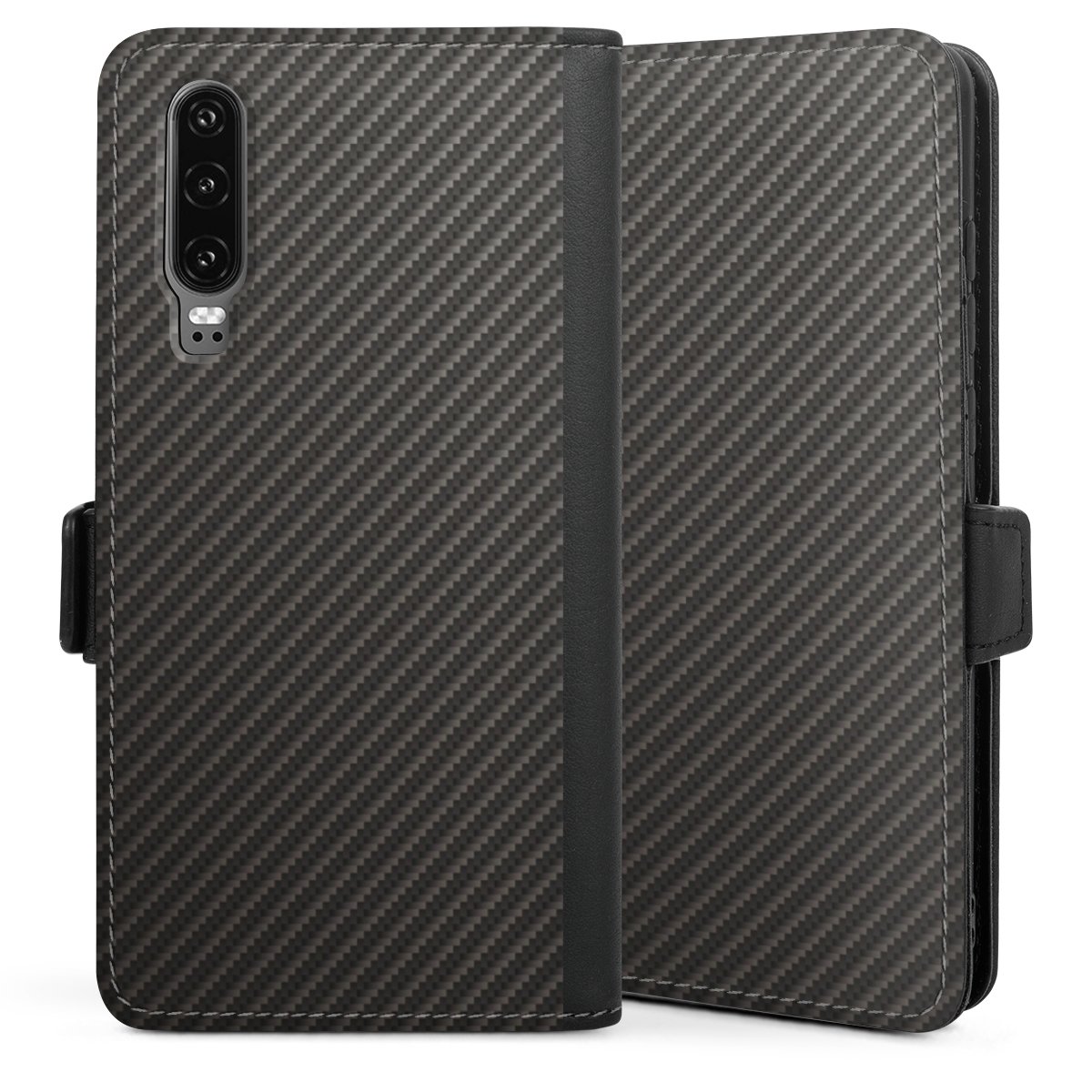 Huawei P30 Handy Klapphülle Handyhülle aus Kunst Leder schwarz Flip Case Carbon Muster Metallic Look Sideflip mit Lasche