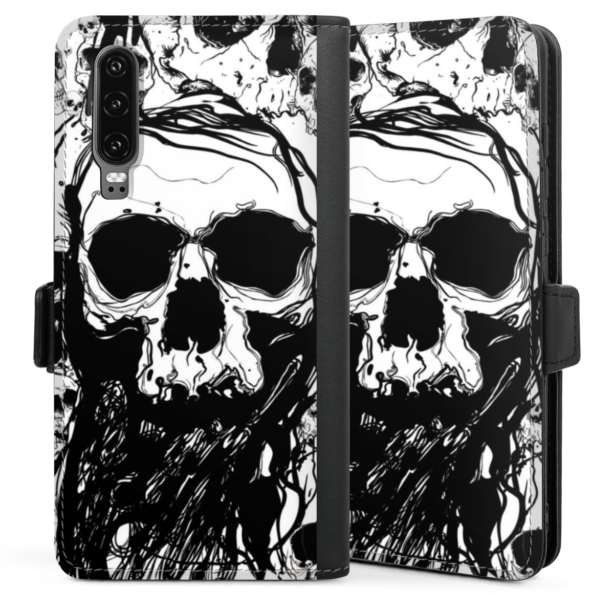 Huawei P30 Handy Klapphülle Handyhülle aus Kunst Leder schwarz Flip Case Halloween Totenkopf Sideflip mit Lasche