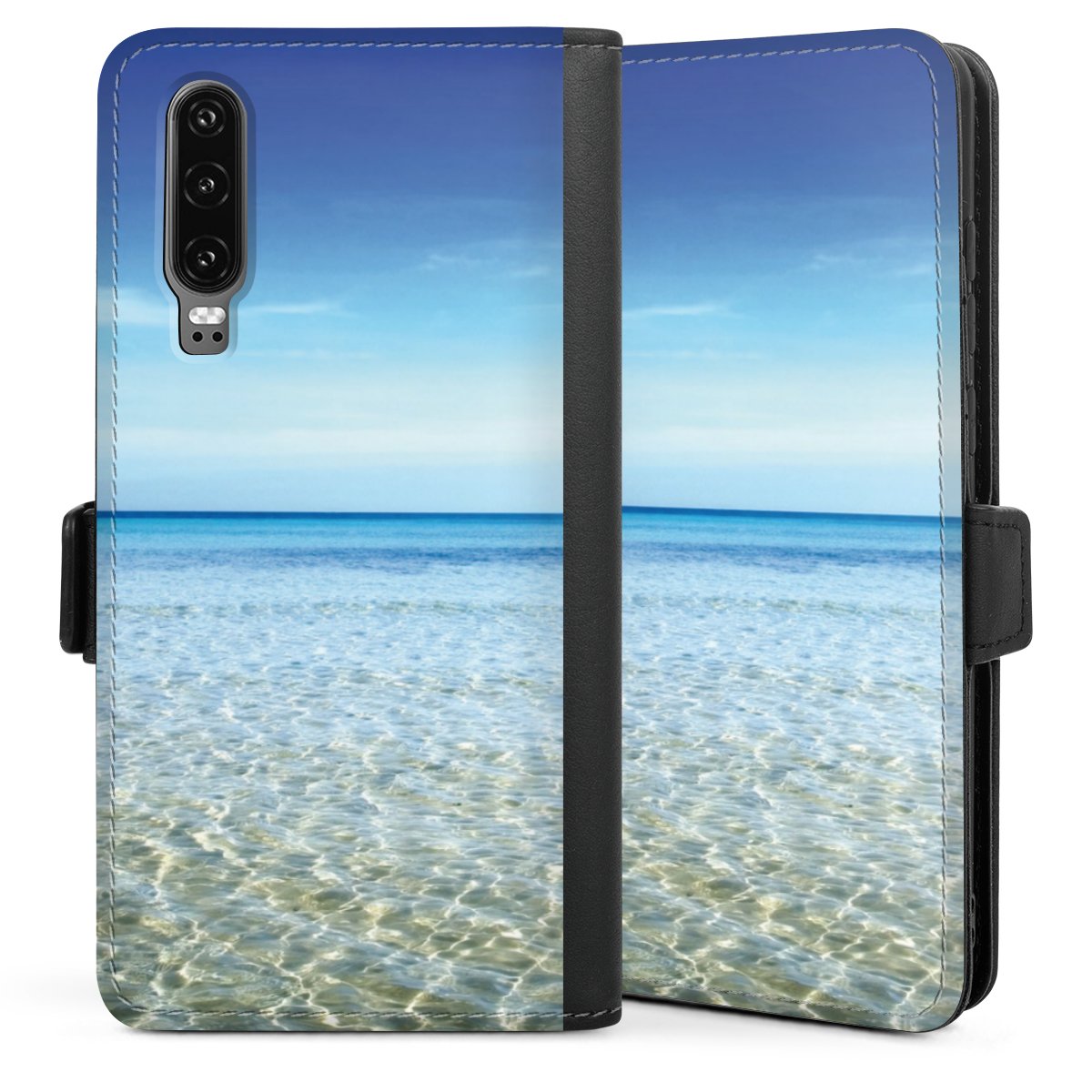 Huawei P30 Handy Klapphülle Handyhülle aus Kunst Leder schwarz Flip Case Ocean Urlaub Sky Sideflip mit Lasche