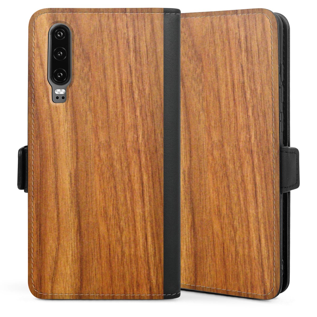 Huawei P30 Handy Klapphülle Handyhülle aus Kunst Leder schwarz Flip Case Larch Wooden Look Wood Sideflip mit Lasche