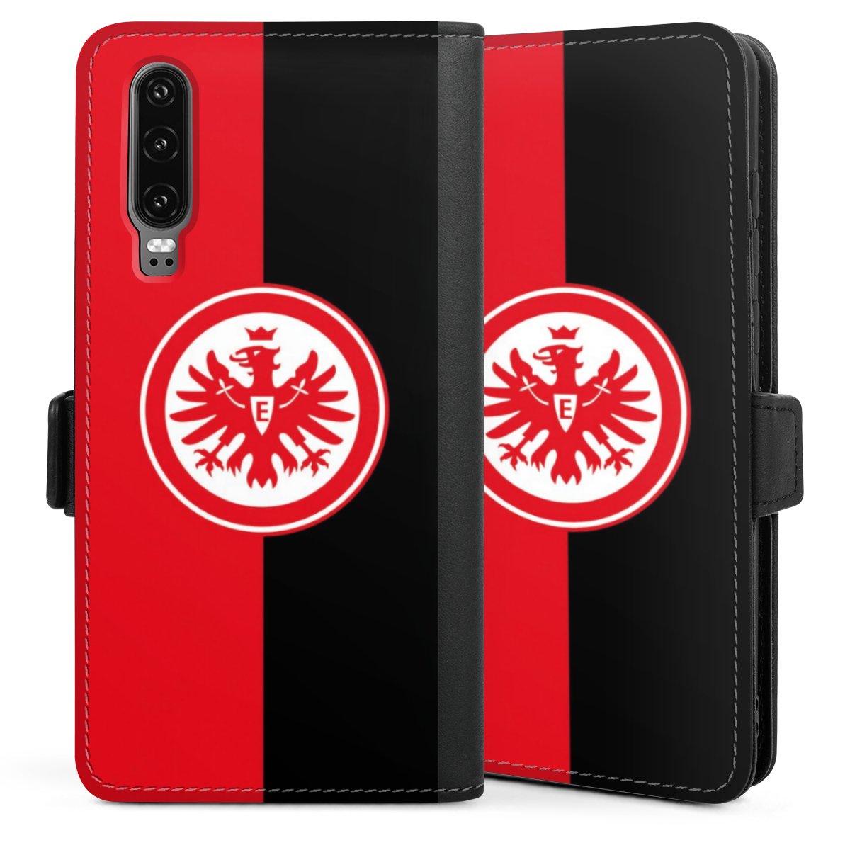 Huawei P30 Handy Klapphülle Handyhülle aus Kunst Leder schwarz Flip Case Sge Eintracht Frankfurt Official Licensed Product Sideflip mit Lasche