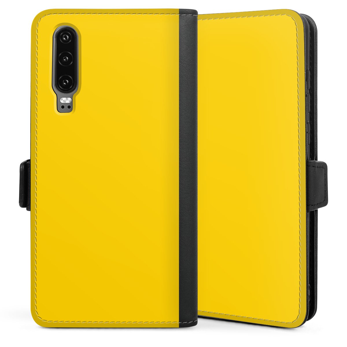 Huawei P30 Handy Klapphülle Handyhülle aus Kunst Leder schwarz Flip Case Unicoloured Yellow Colour Sideflip mit Lasche