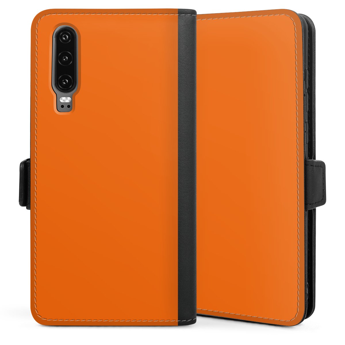 Huawei P30 Handy Klapphülle Handyhülle aus Kunst Leder schwarz Flip Case Orange Unicoloured Colour Sideflip mit Lasche