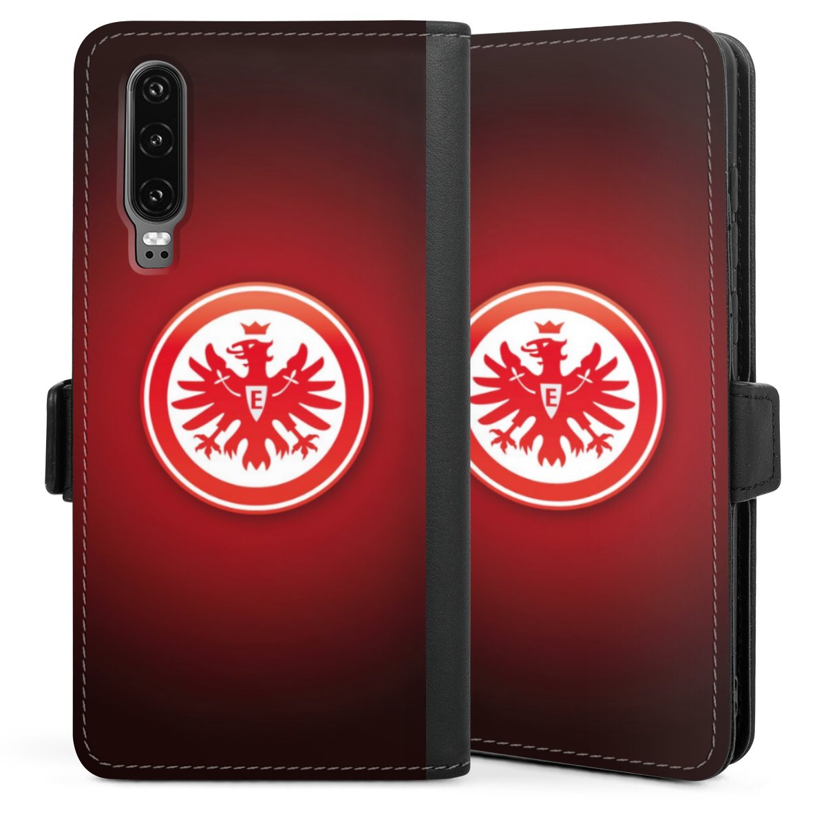 Huawei P30 Handy Klapphülle Handyhülle aus Kunst Leder schwarz Flip Case Official Licensed Product Coat Of Arms Eintracht Frankfurt Sideflip mit Lasche