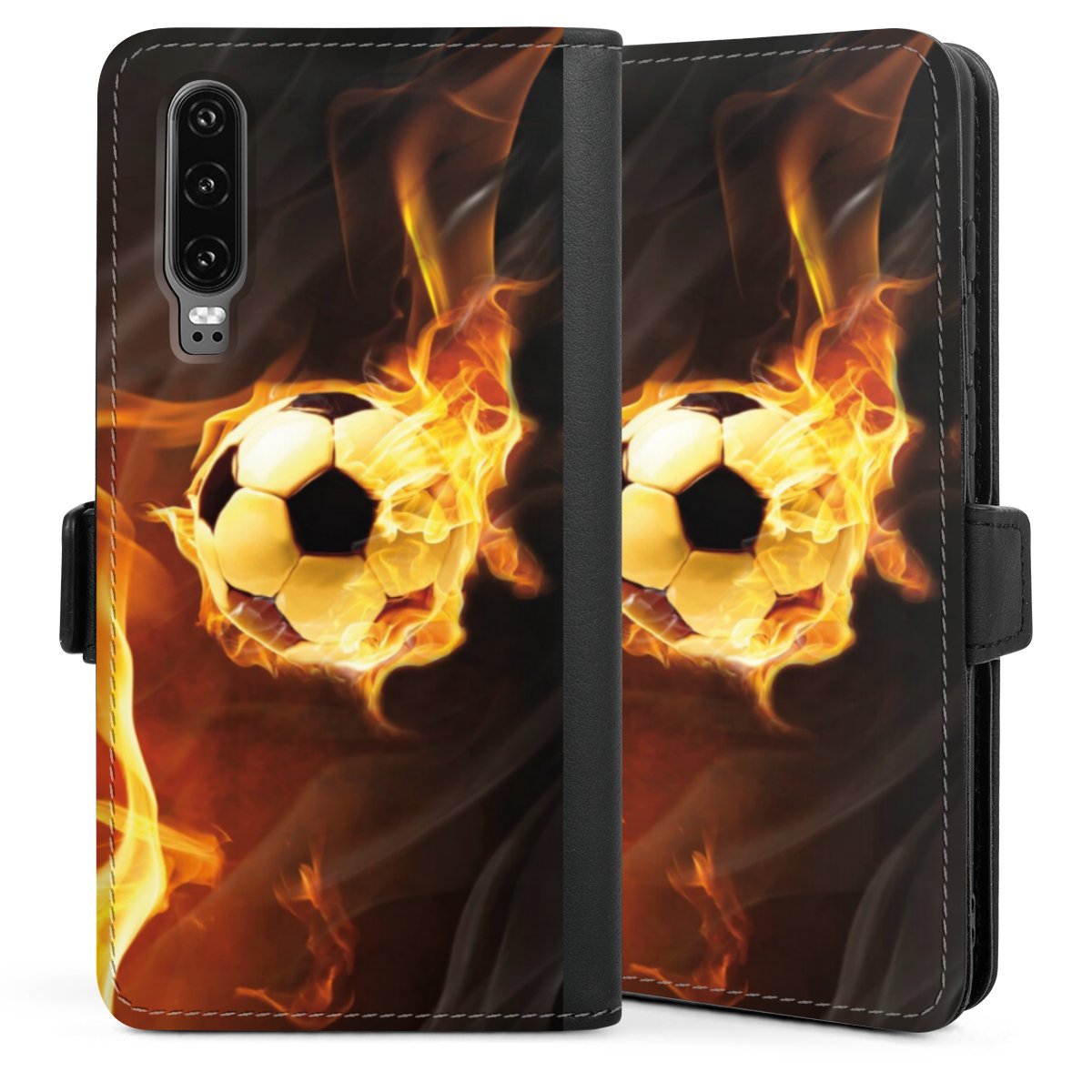 Huawei P30 Handy Klapphülle Handyhülle aus Kunst Leder schwarz Flip Case Ball Soccer Fire Sideflip mit Lasche