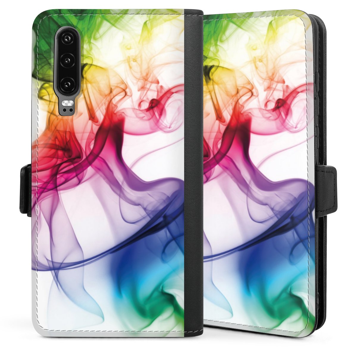 Huawei P30 Handy Klapphülle Handyhülle aus Kunst Leder schwarz Flip Case Rainbow Water Colour Sideflip mit Lasche