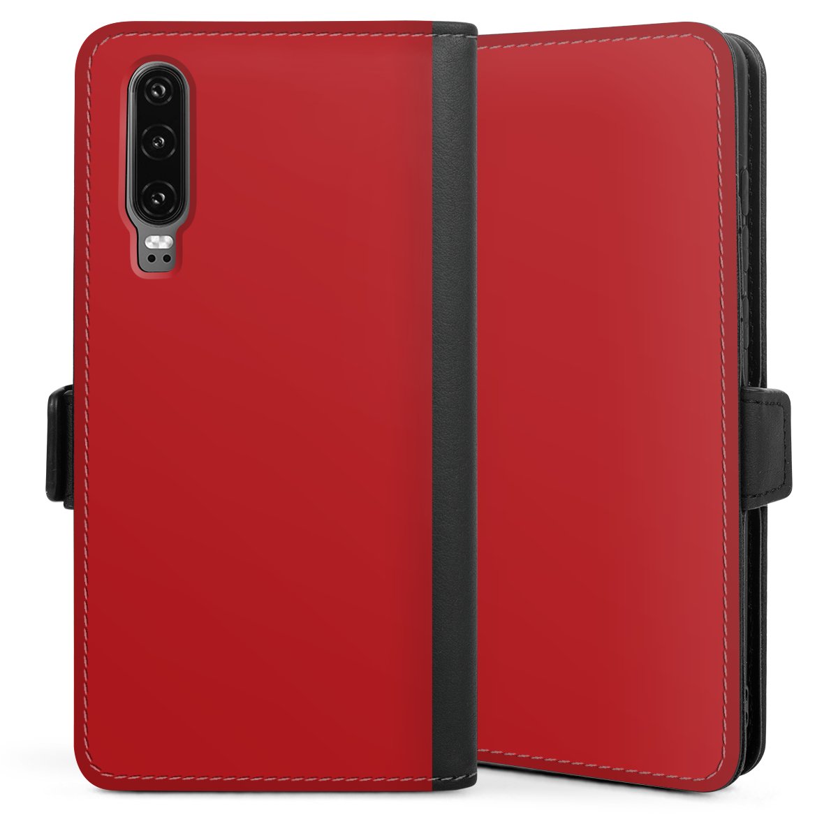 Huawei P30 Handy Klapphülle Handyhülle aus Kunst Leder schwarz Flip Case Red Unicoloured Colour Sideflip mit Lasche