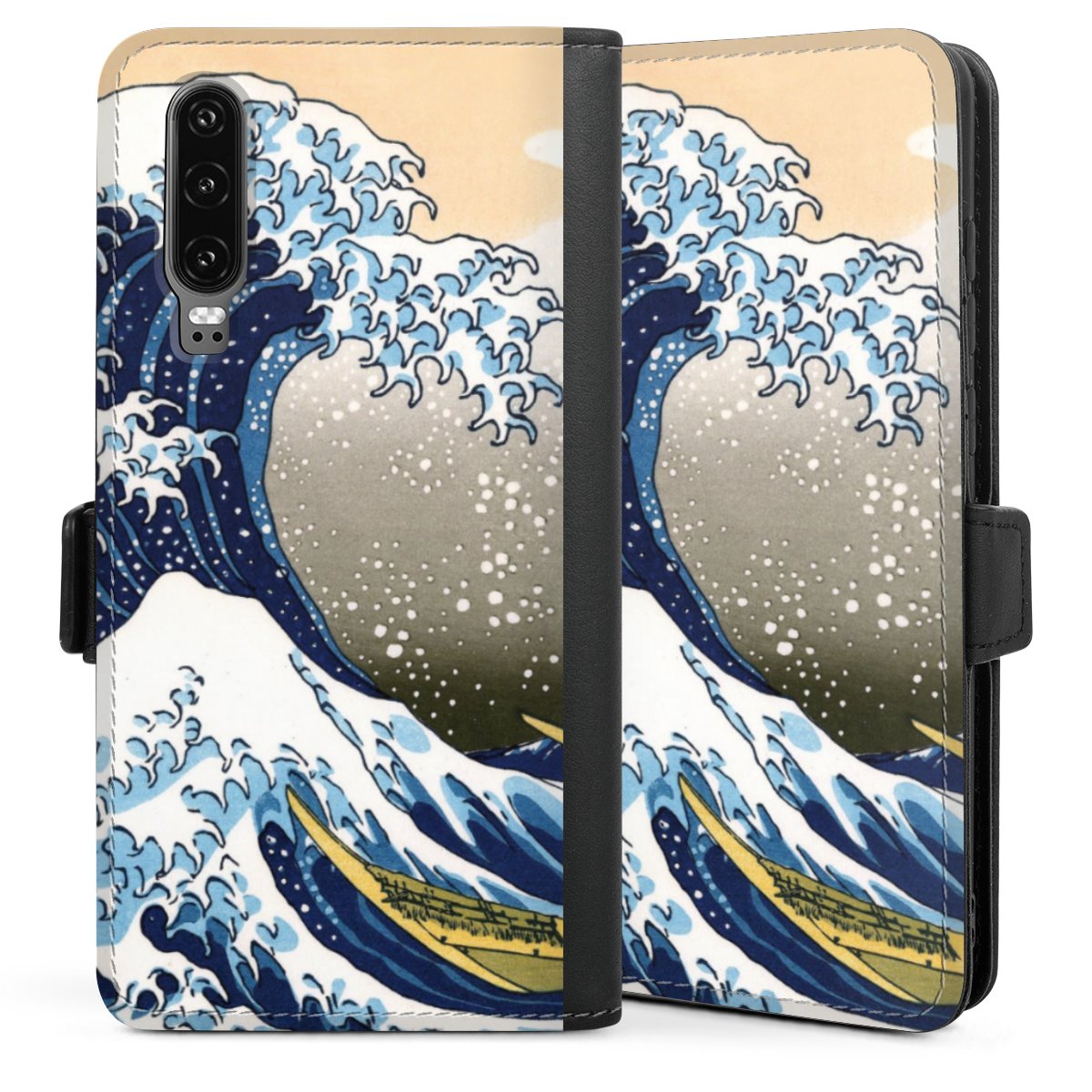 Huawei P30 Handy Klapphülle Handyhülle aus Kunst Leder schwarz Flip Case Katsushika Hokusai Die Große Welle Vor Kanagawa Kunst Sideflip mit Lasche