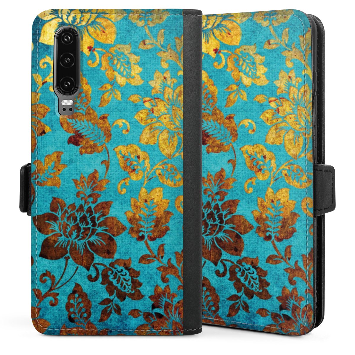 Huawei P30 Handy Klapphülle Handyhülle aus Kunst Leder schwarz Flip Case Vintage Ornament Flowers Sideflip mit Lasche