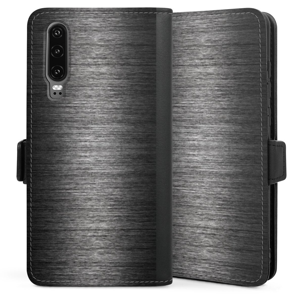 Huawei P30 Handy Klapphülle Handyhülle aus Kunst Leder schwarz Flip Case Metal Metallic Look Anthracite Sideflip mit Lasche