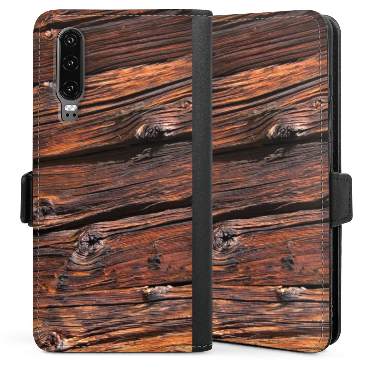 Huawei P30 Handy Klapphülle Handyhülle aus Kunst Leder schwarz Flip Case Beams Wooden Look Wood Sideflip mit Lasche