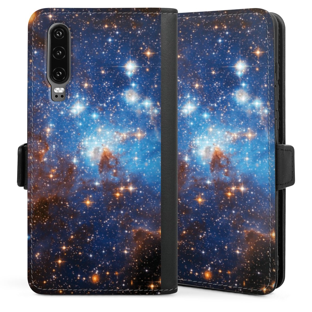 Huawei P30 Handy Klapphülle Handyhülle aus Kunst Leder schwarz Flip Case Weltall Star Galaxy Sideflip mit Lasche