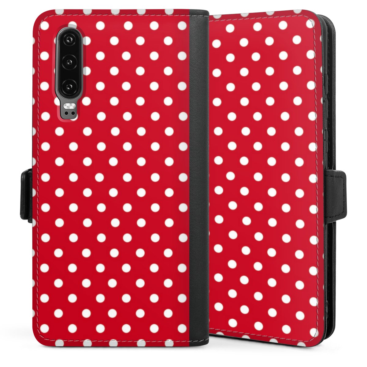 Huawei P30 Handy Klapphülle Handyhülle aus Kunst Leder schwarz Flip Case Polka Dots Retro Points Sideflip mit Lasche