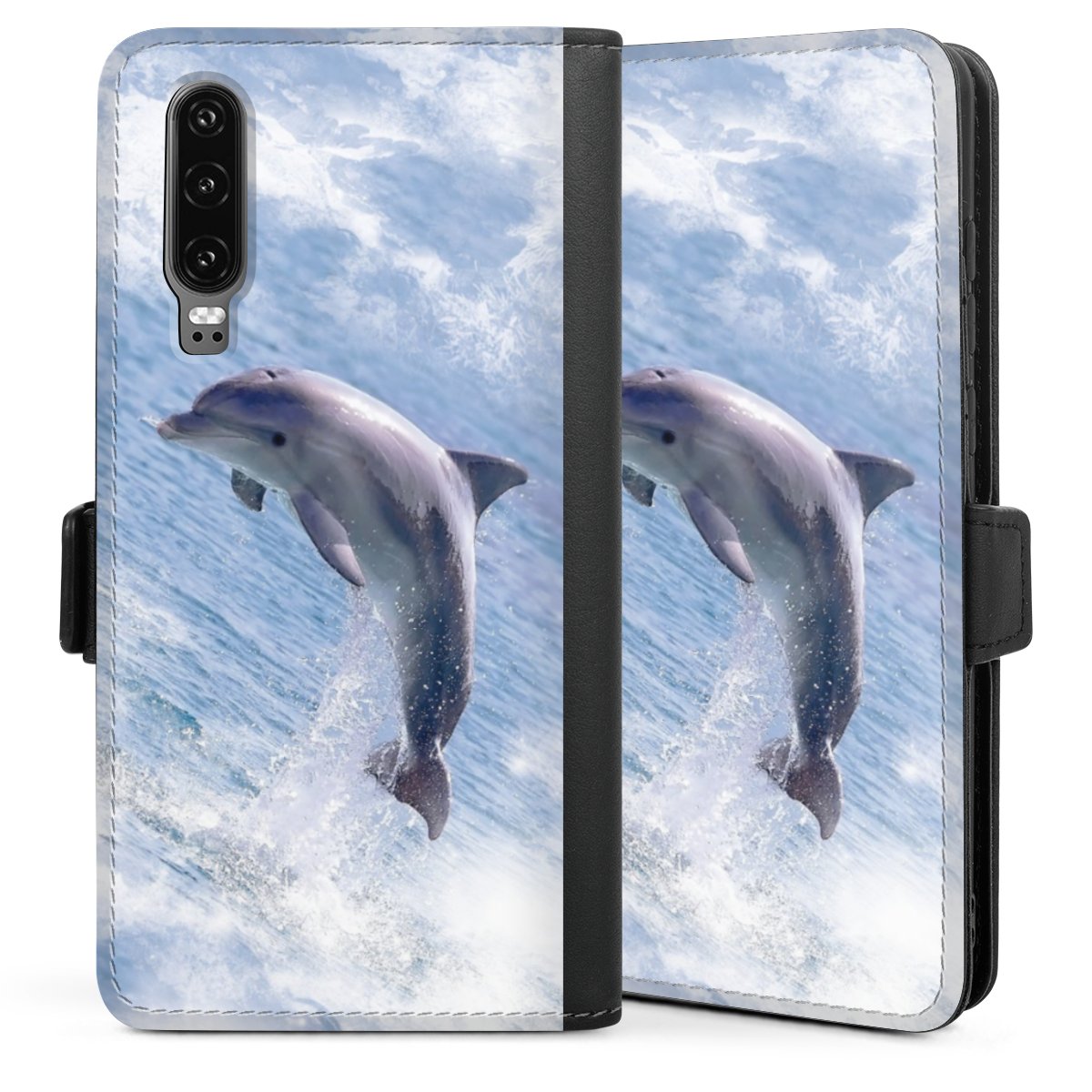 Huawei P30 Handy Klapphülle Handyhülle aus Kunst Leder schwarz Flip Case Dolphin Ocean Wale Sideflip mit Lasche