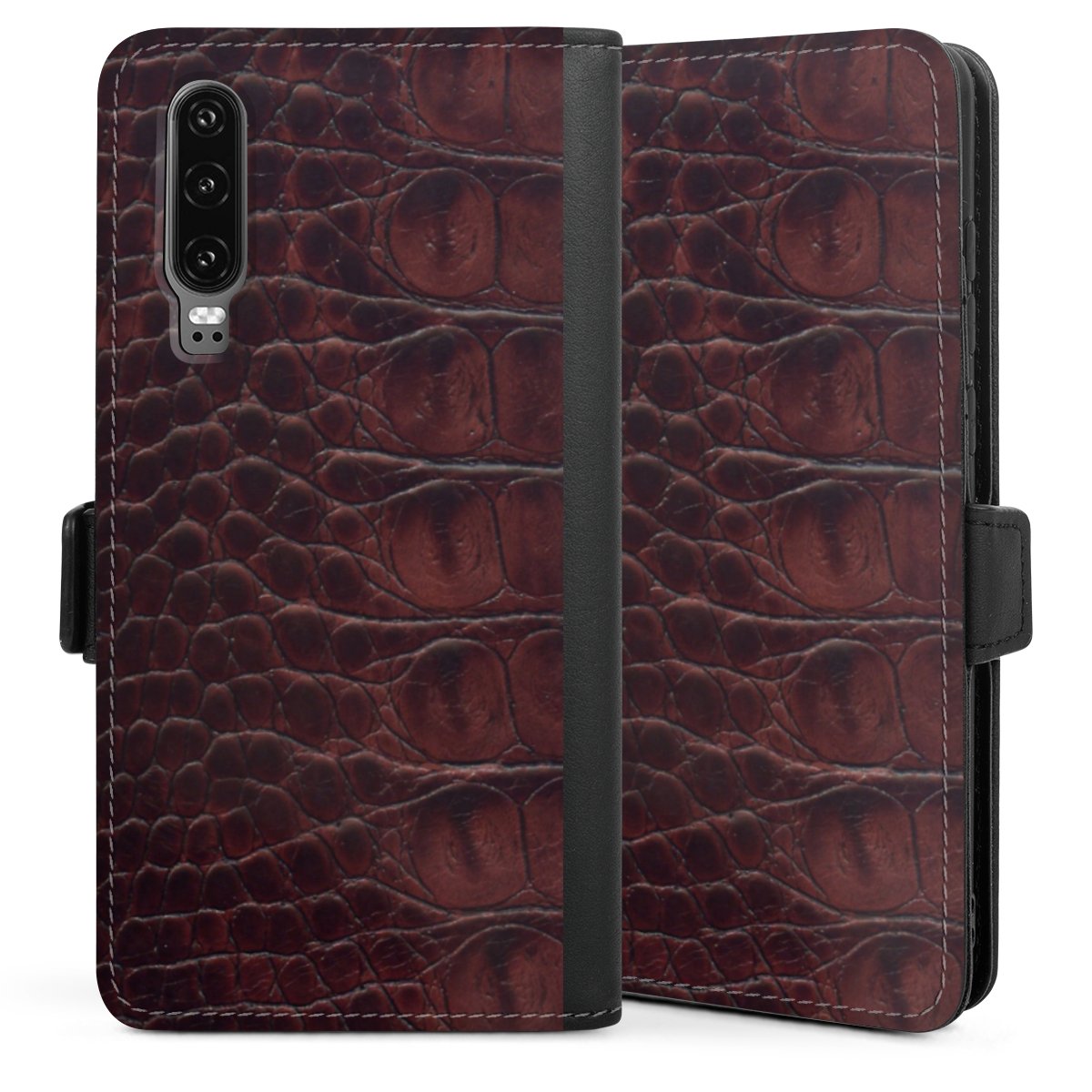 Huawei P30 Handy Klapphülle Handyhülle aus Kunst Leder schwarz Flip Case Leather Animal Print Crocodile Sideflip mit Lasche