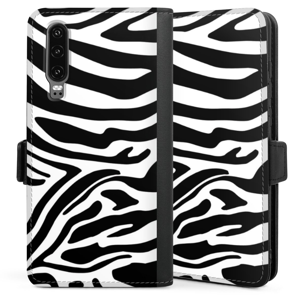 Huawei P30 Handy Klapphülle Handyhülle aus Kunst Leder schwarz Flip Case Animal Look Zebra Animal Print Sideflip mit Lasche