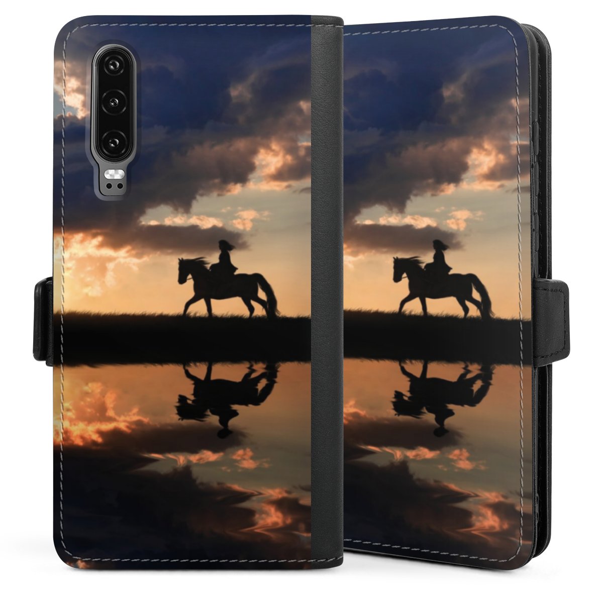 Huawei P30 Handy Klapphülle Handyhülle aus Kunst Leder schwarz Flip Case Sunset Horseback Riding Horse Sideflip mit Lasche