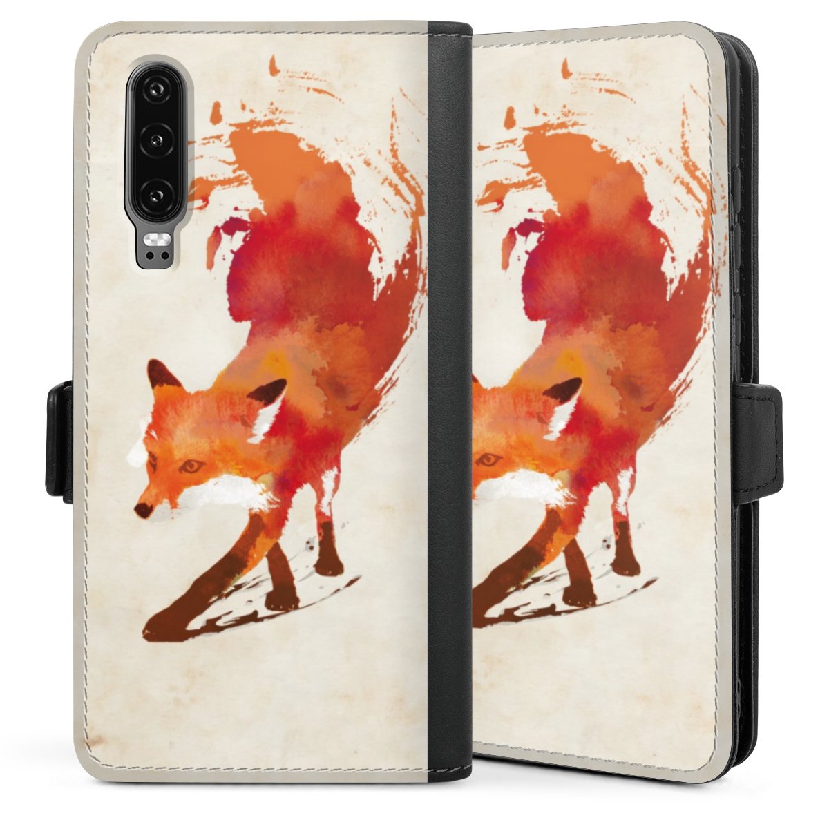 Huawei P30 Handy Klapphülle Handyhülle aus Kunst Leder schwarz Flip Case Graphic Fox Sideflip mit Lasche