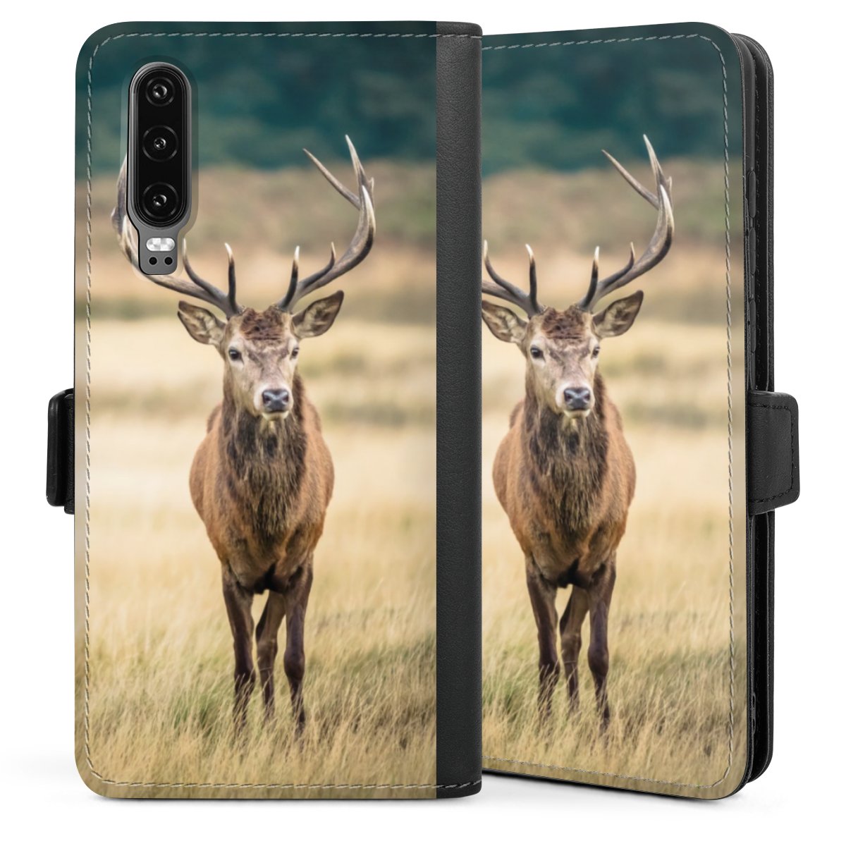 Huawei P30 Handy Klapphülle Handyhülle aus Kunst Leder schwarz Flip Case Deer Forrest Meadow Sideflip mit Lasche