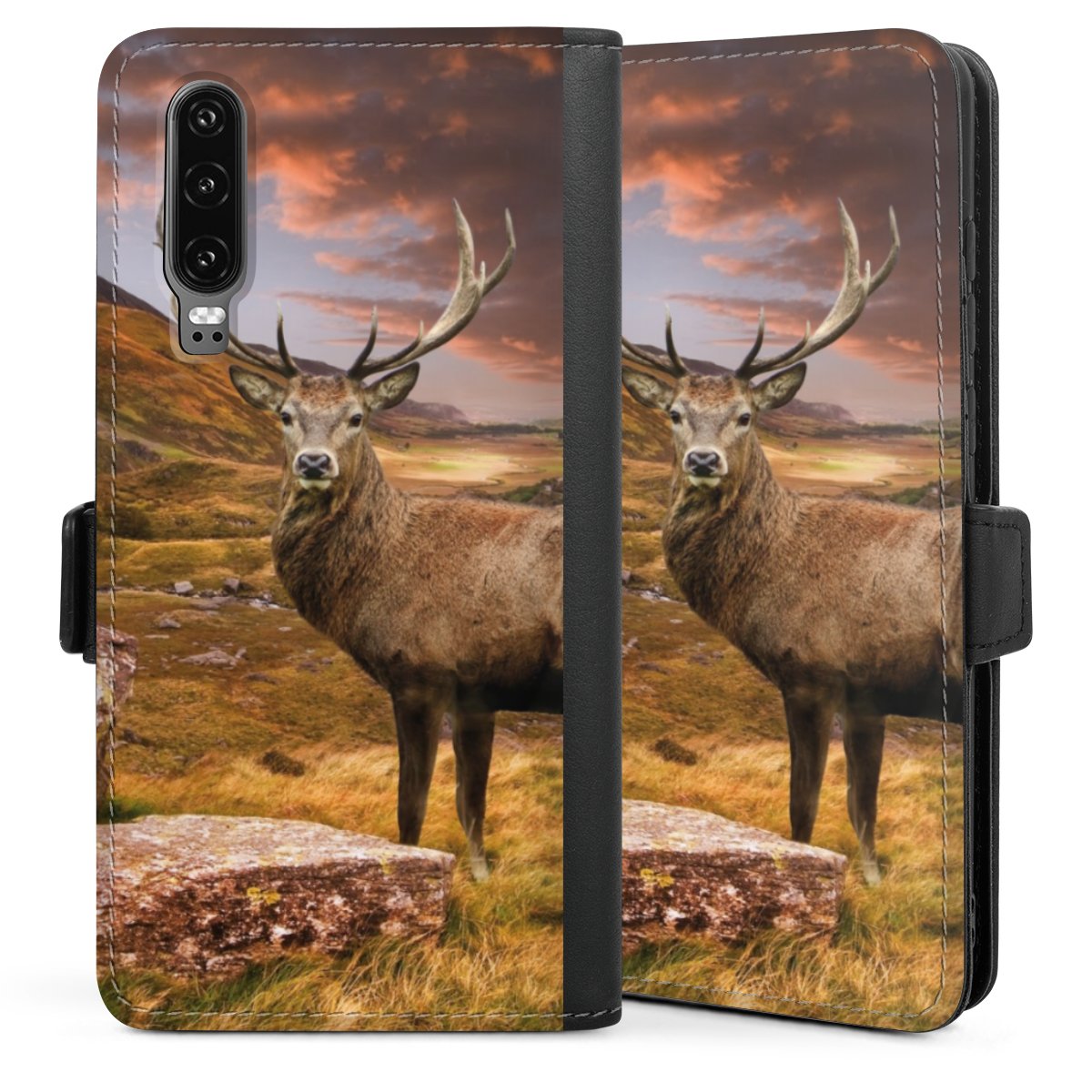 Huawei P30 Handy Klapphülle Handyhülle aus Kunst Leder schwarz Flip Case Meadow Deer Mountain Sideflip mit Lasche