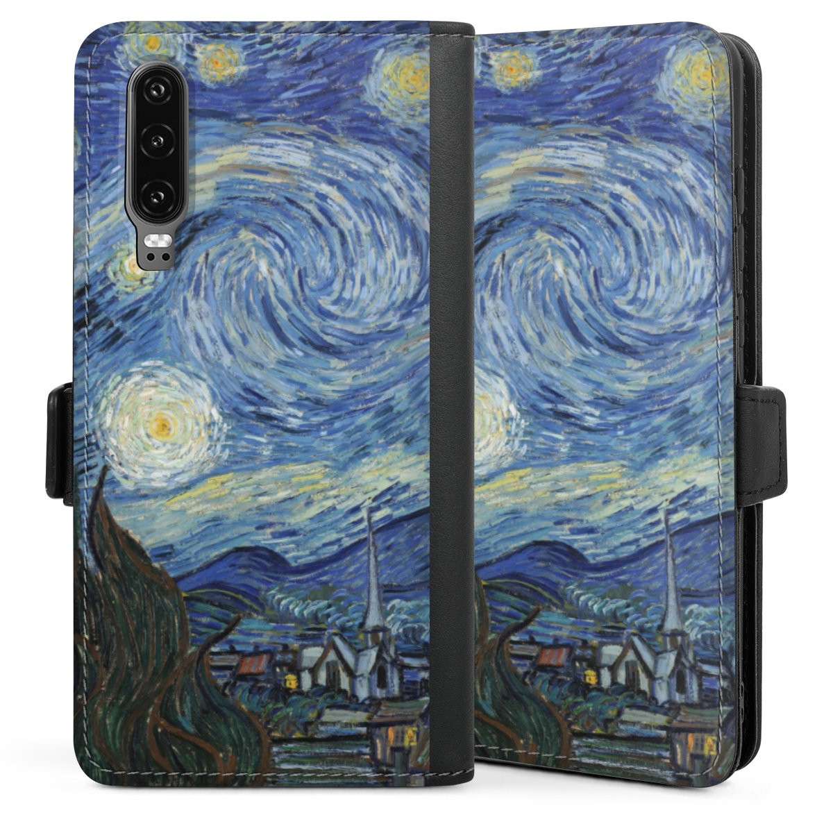 Huawei P30 Handy Klapphülle Handyhülle aus Kunst Leder schwarz Flip Case Vincent Van Gogh The Starry Night Kunst Sideflip mit Lasche