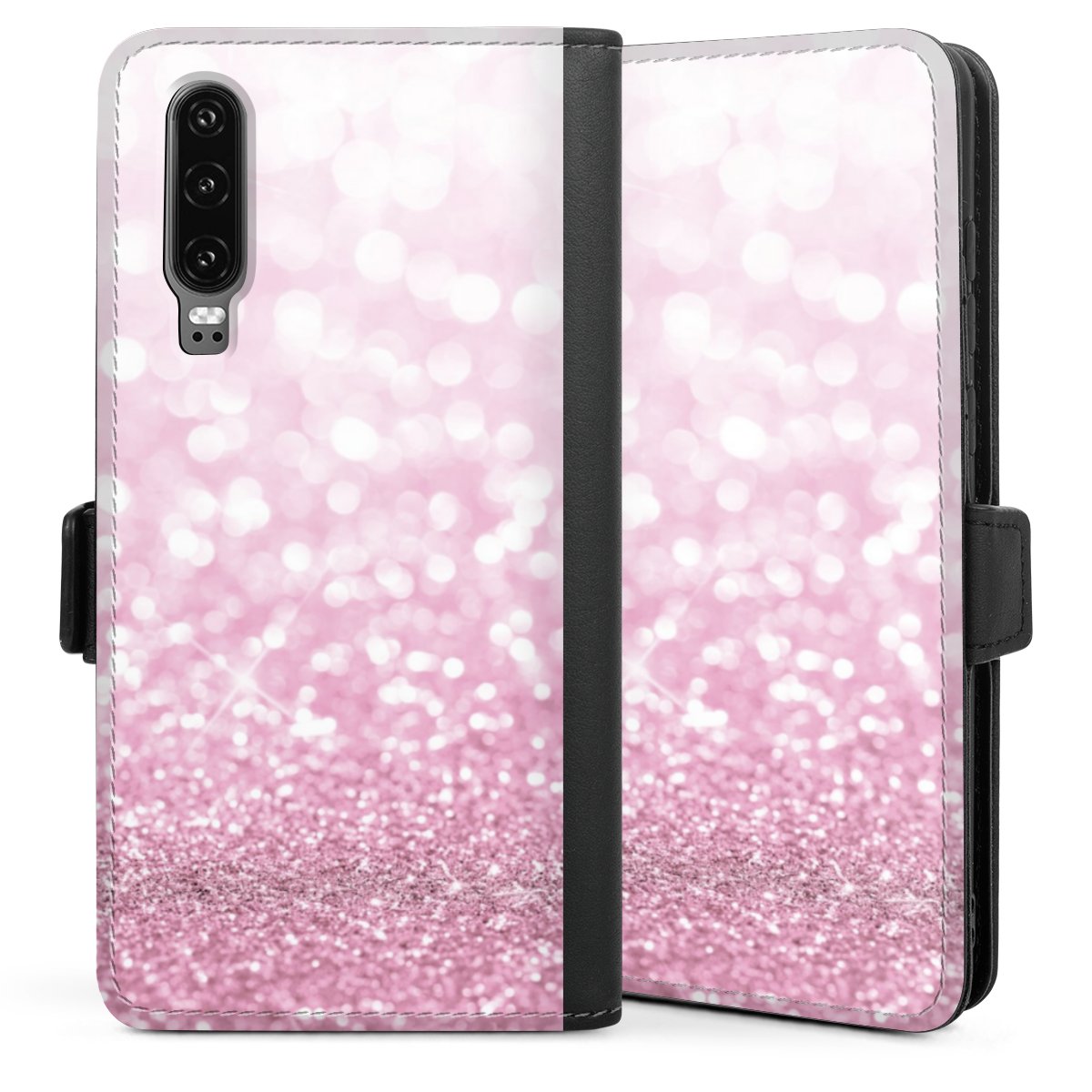 Huawei P30 Handy Klapphülle Handyhülle aus Kunst Leder schwarz Flip Case Glitzer Pink Shine Sideflip mit Lasche