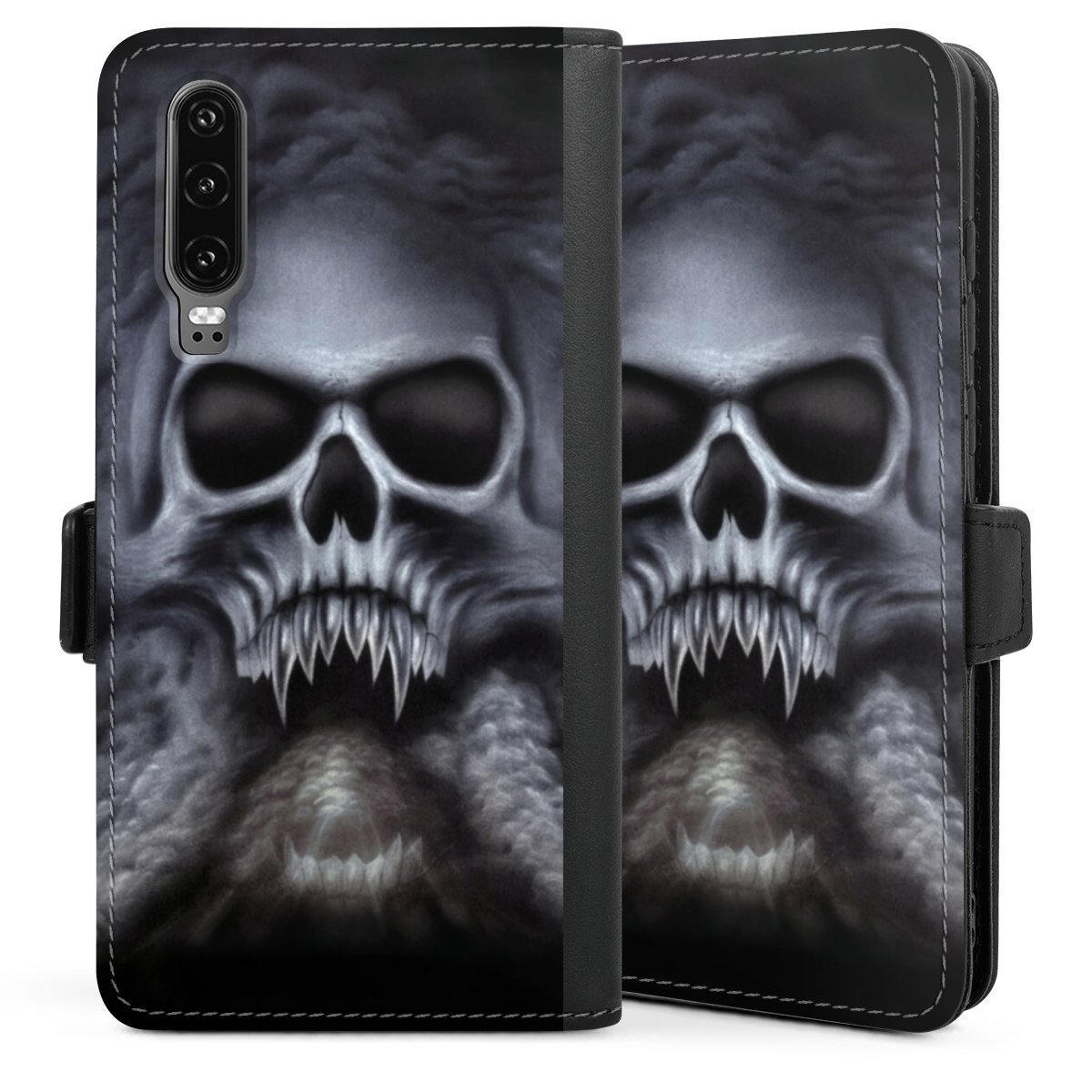 Huawei P30 Handy Klapphülle Handyhülle aus Kunst Leder schwarz Flip Case Totenkopf Skull Sideflip mit Lasche