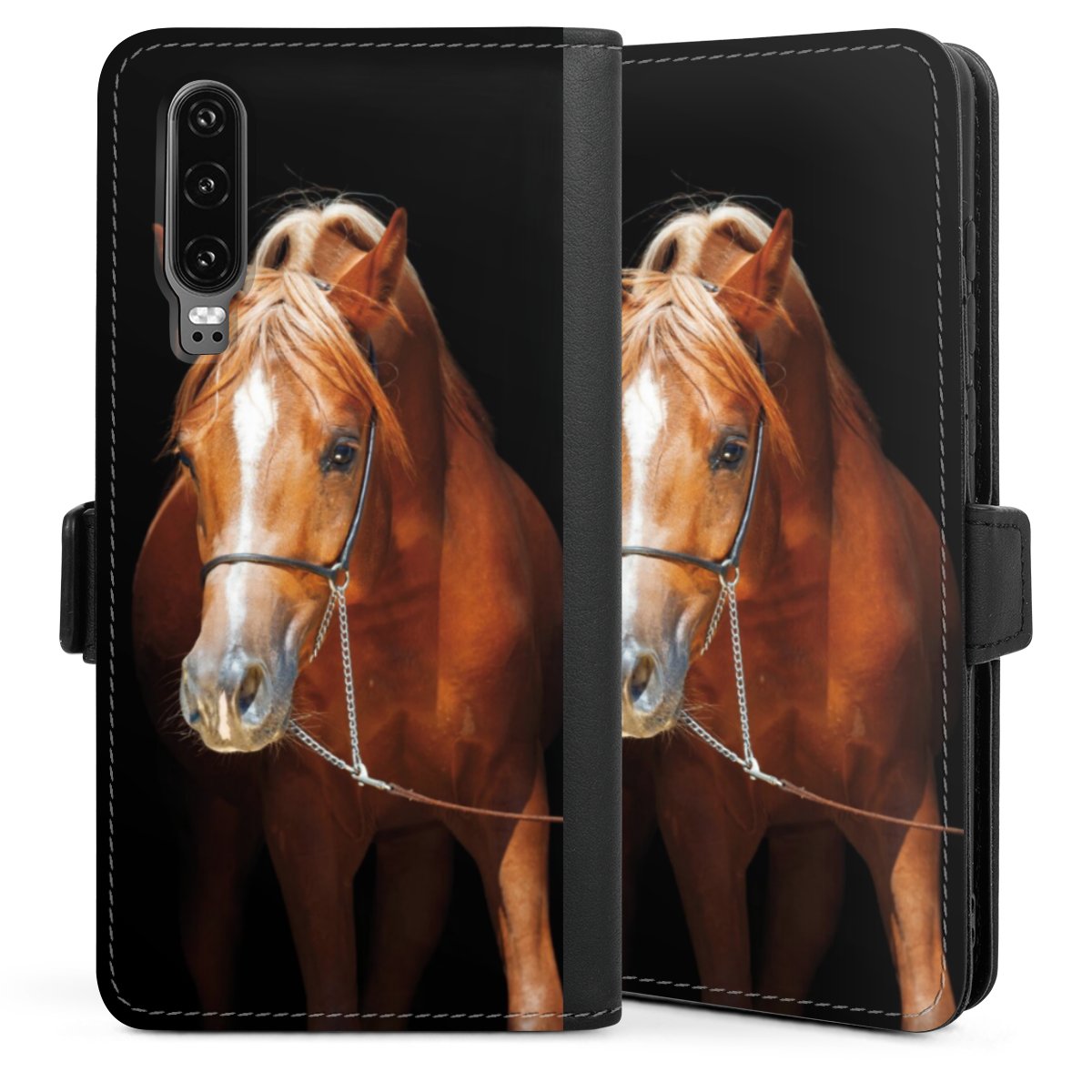 Huawei P30 Handy Klapphülle Handyhülle aus Kunst Leder schwarz Flip Case Hobby Mare Horse Sideflip mit Lasche