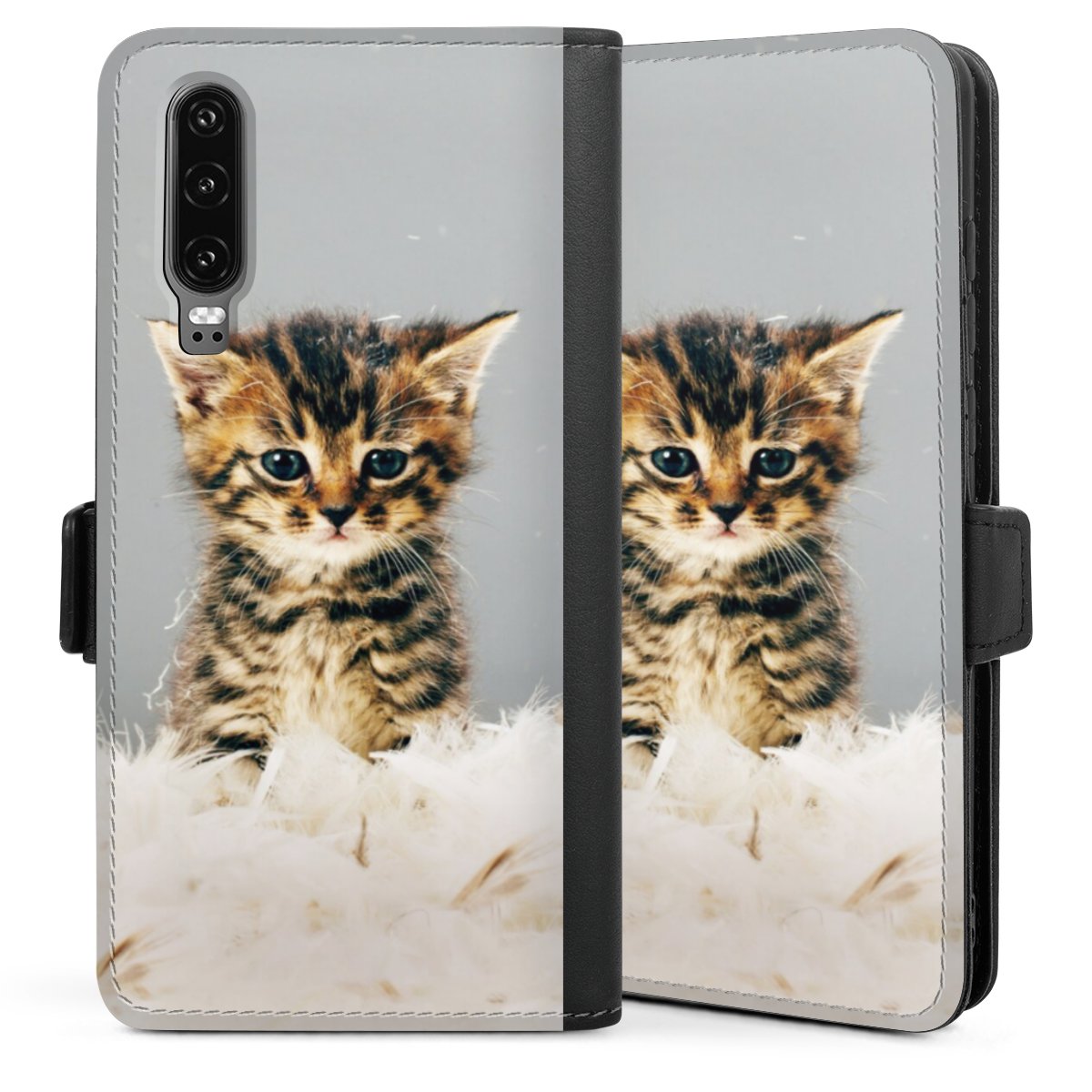 Huawei P30 Handy Klapphülle Handyhülle aus Kunst Leder schwarz Flip Case Cat Pet Feather Sideflip mit Lasche