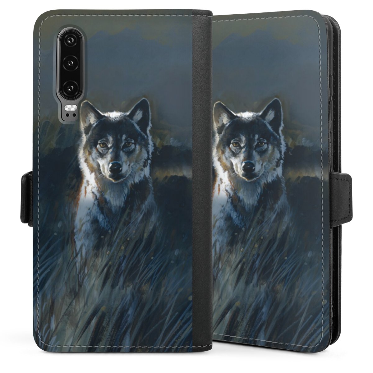 Huawei P30 Handy Klapphülle Handyhülle aus Kunst Leder schwarz Flip Case Painting Wolf Nature Sideflip mit Lasche