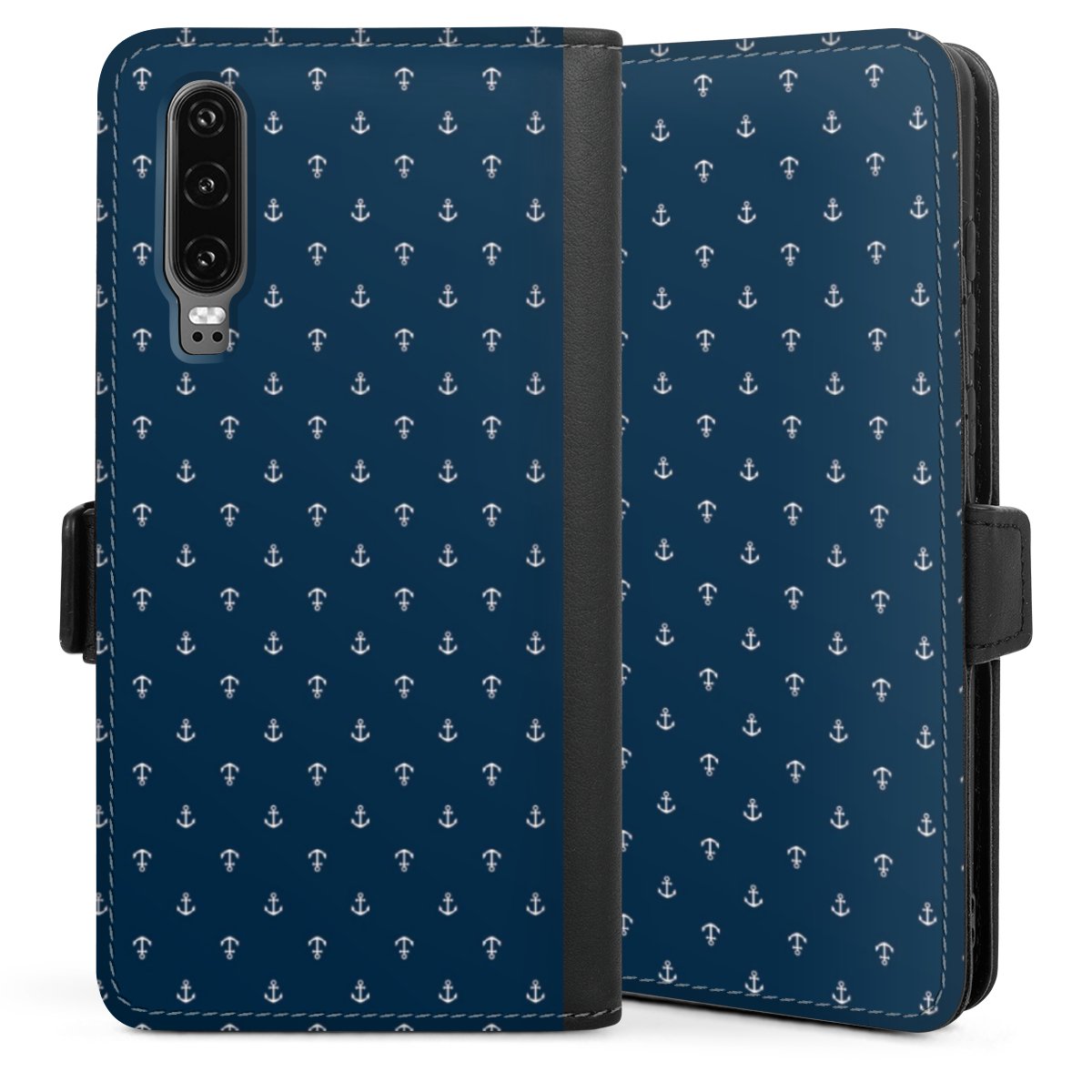 Huawei P30 Handy Klapphülle Handyhülle aus Kunst Leder schwarz Flip Case Anchor Sail Muster Sideflip mit Lasche