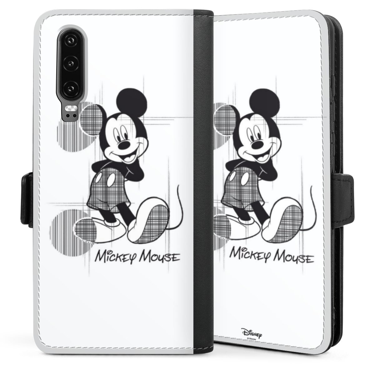 Huawei P30 Handy Klapphülle Handyhülle aus Kunst Leder schwarz Flip Case Official Licensed Product Mickey Mouse Disney Sideflip mit Lasche