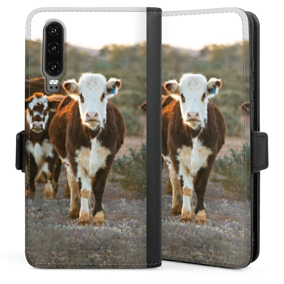 Huawei P30 Handy Klapphülle Handyhülle aus Kunst Leder schwarz Flip Case Farmer Cow Calf Sideflip mit Lasche