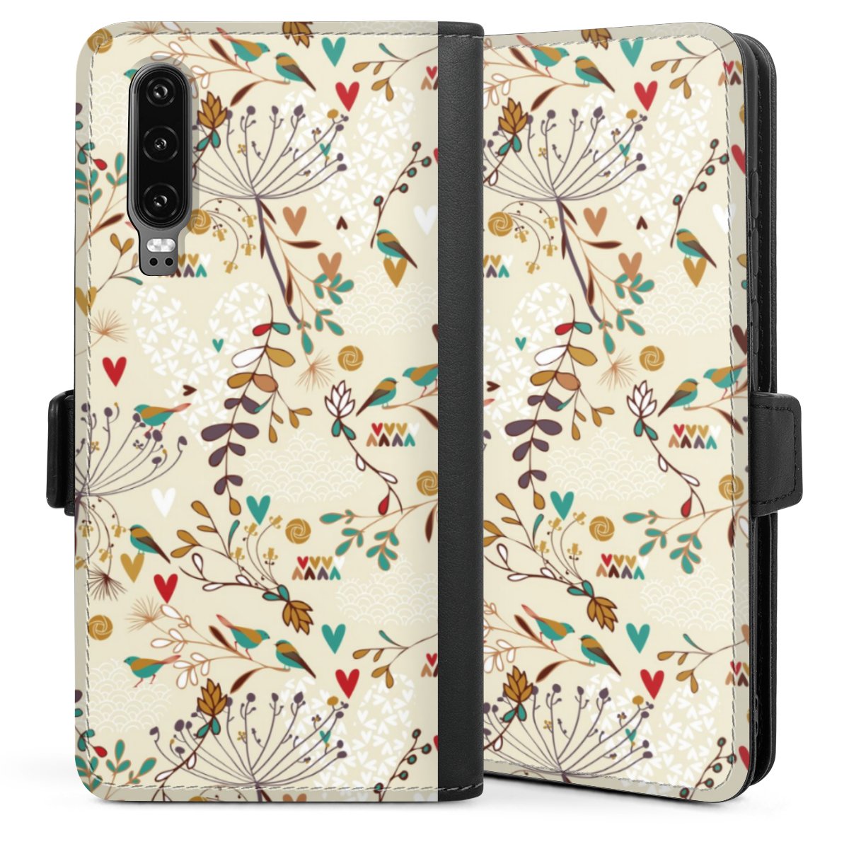 Huawei P30 Handy Klapphülle Handyhülle aus Kunst Leder schwarz Flip Case Flowers Bird Retro Sideflip mit Lasche