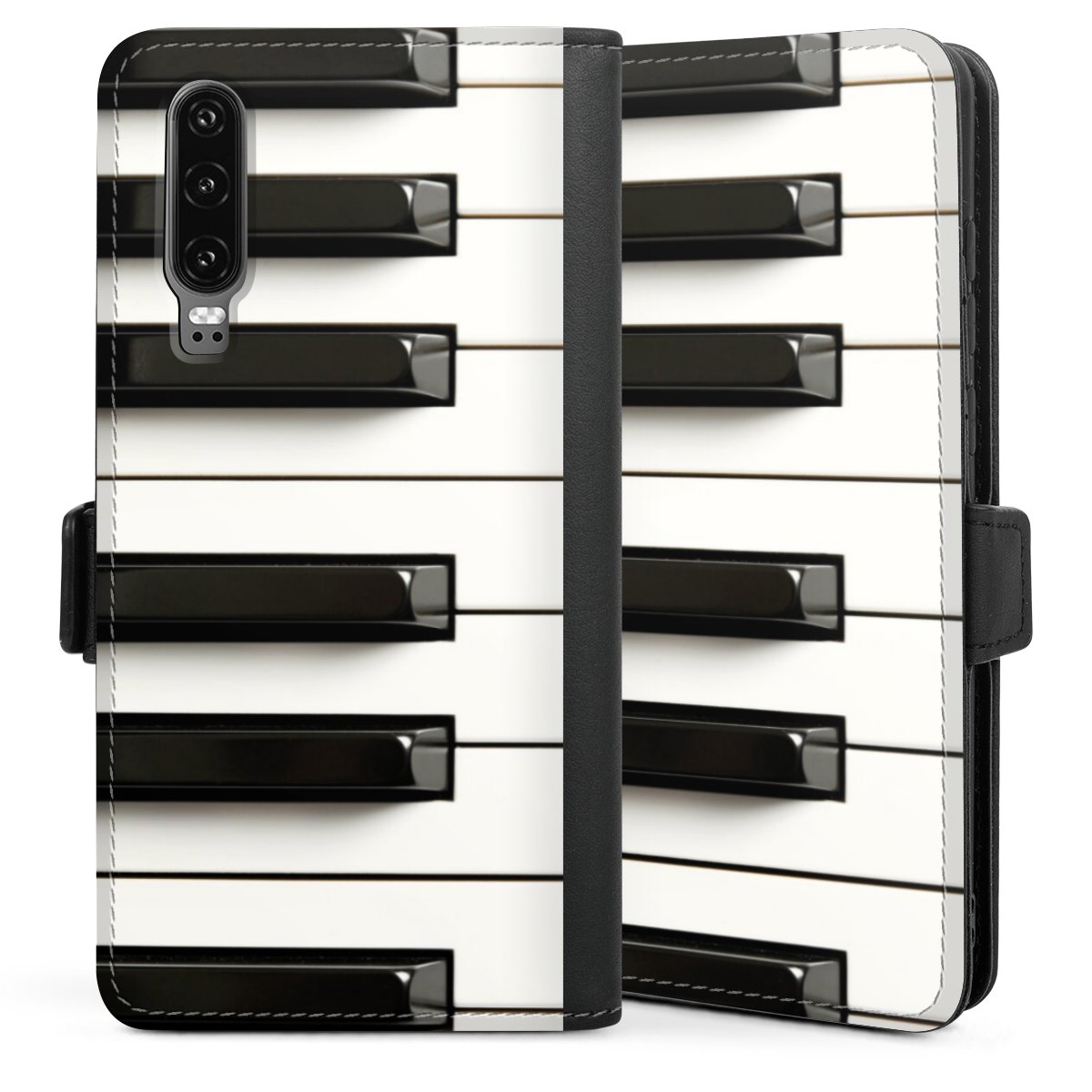 Huawei P30 Handy Klapphülle Handyhülle aus Kunst Leder schwarz Flip Case Piano Klavier Music Sideflip mit Lasche