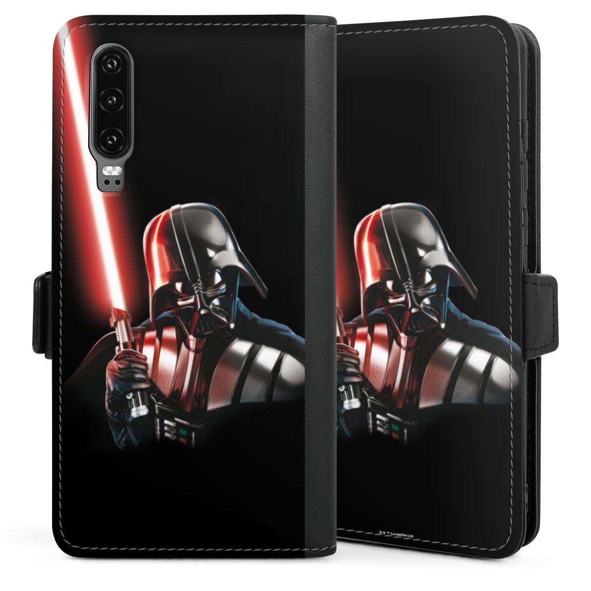 Huawei P30 Handy Klapphülle Handyhülle aus Kunst Leder schwarz Flip Case Darth Vader Star Wars Merchandise Sideflip mit Lasche