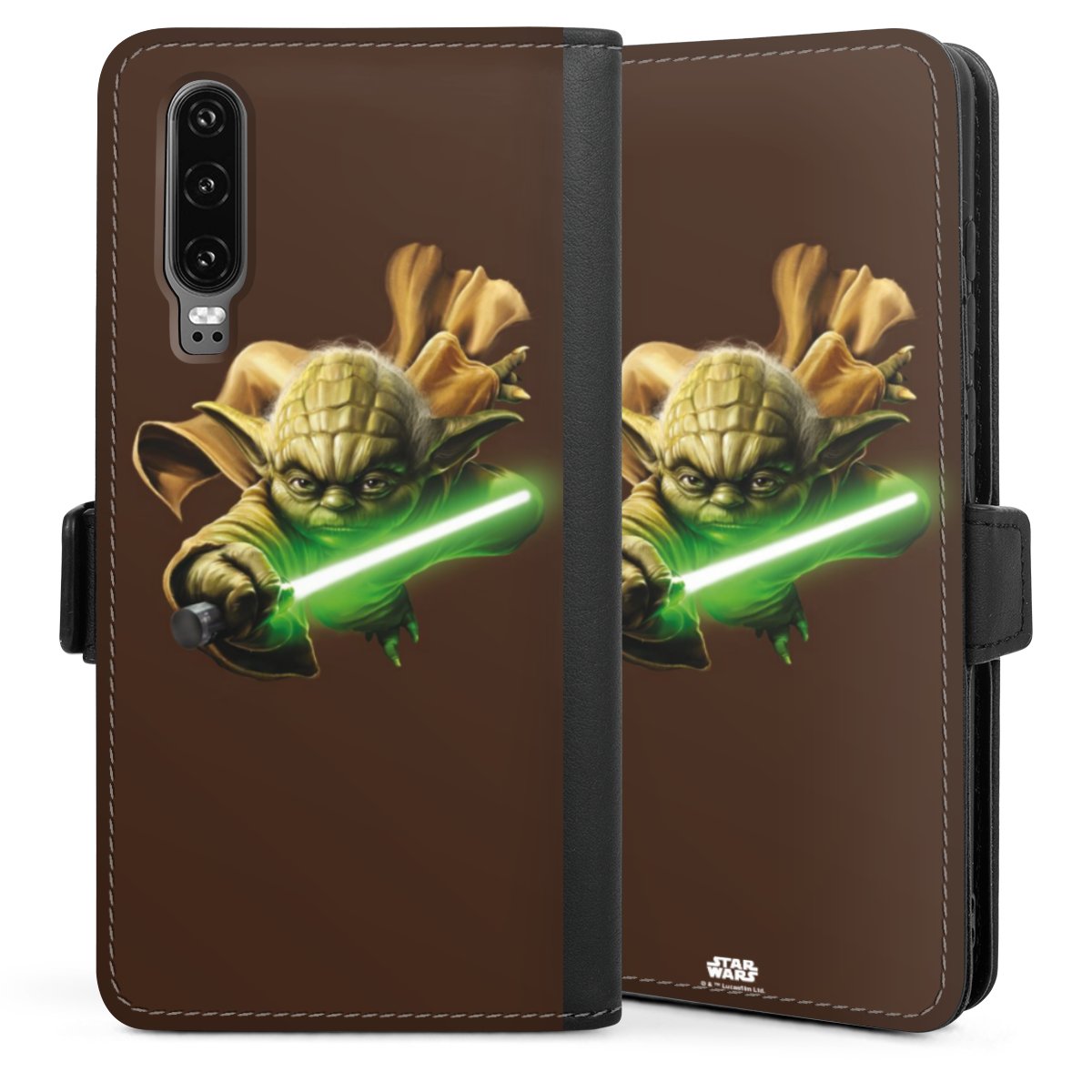 Huawei P30 Handy Klapphülle Handyhülle aus Kunst Leder schwarz Flip Case Star Wars Merchandise Yoda Sideflip mit Lasche