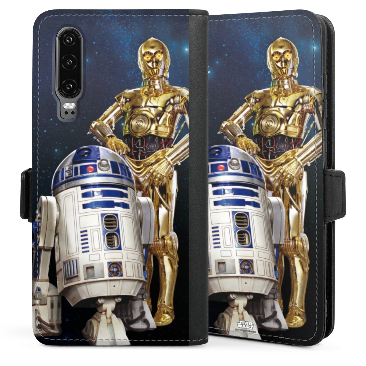 Huawei P30 Handy Klapphülle Handyhülle aus Kunst Leder schwarz Flip Case Weltall Star Wars R2d2 Sideflip mit Lasche