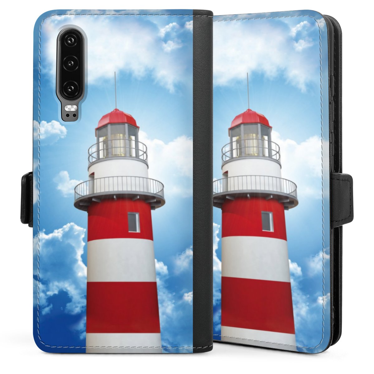 Huawei P30 Handy Klapphülle Handyhülle aus Kunst Leder schwarz Flip Case Cloud Lighthouse Sky Sideflip mit Lasche